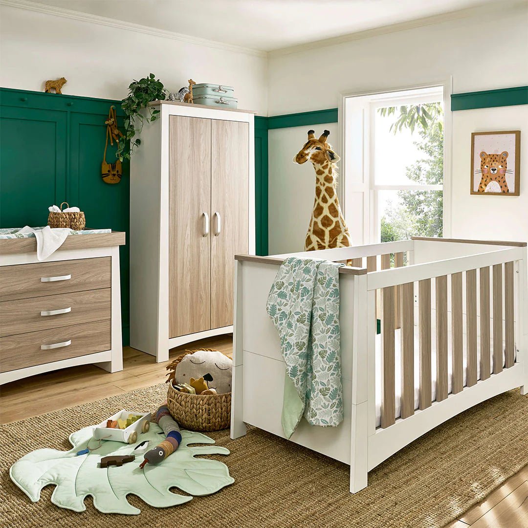 CuddleCo Ada 3 Piece Set Dresser Wardrobe Cot Bed White Ash Pramsy