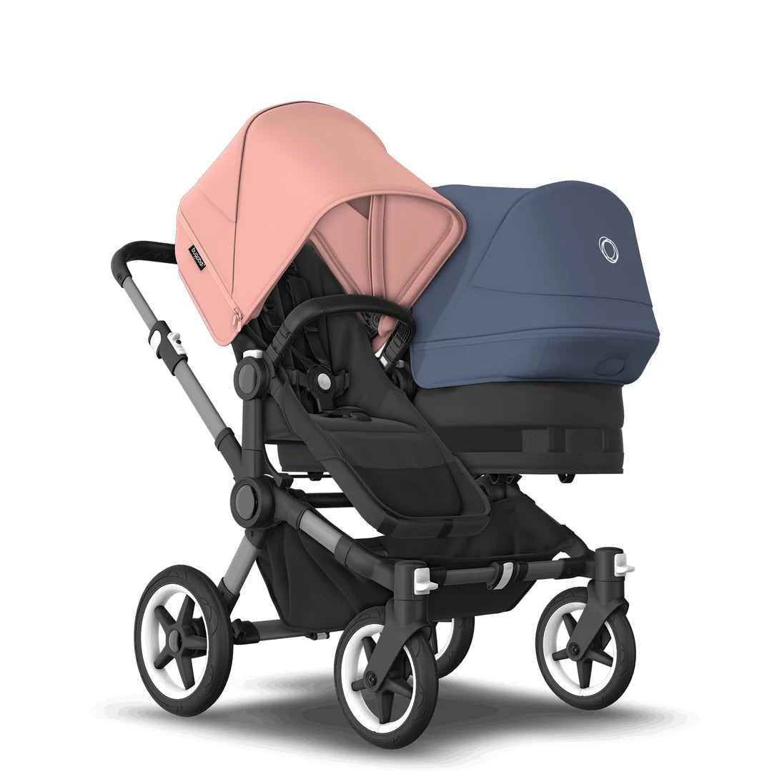 Refurbished Bugaboo Donkey 5 Duo - Morning Pink and Stormy Blue on Black & Graphite - Pramsy