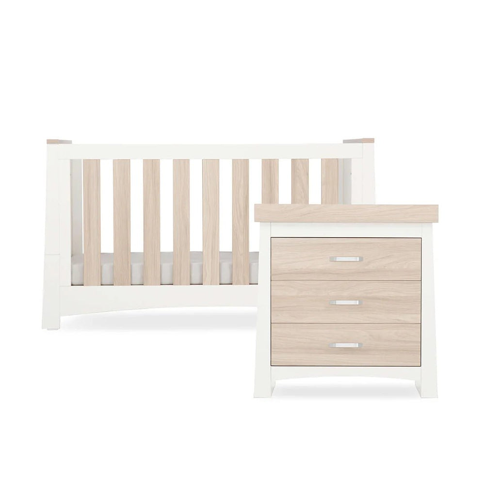 CuddleCo Ada 2 Piece Set (Dresser & Cot Bed) - White/Ash - Pramsy