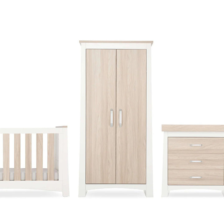 CuddleCo Ada 3 Piece Set (Dresser, Wardrobe & Cot Bed) - White/Ash - Pramsy