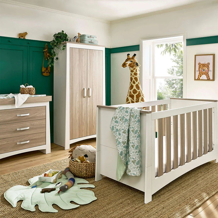 CuddleCo Ada 3 Piece Set (Dresser, Wardrobe & Cot Bed) - White/Ash - Pramsy