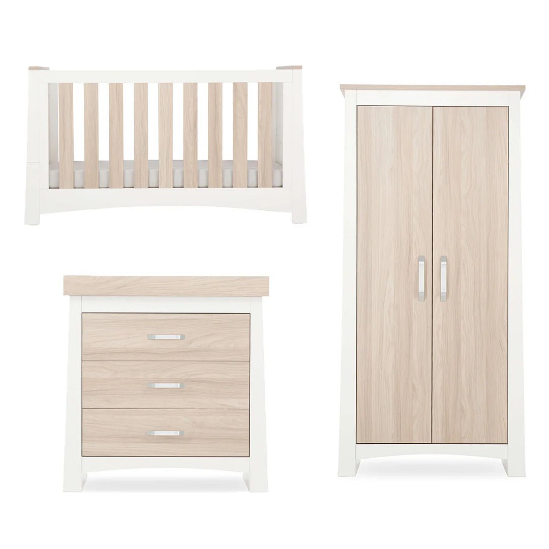 CuddleCo Ada 3 Piece Set (Dresser, Wardrobe & Cot Bed) - White/Ash - Pramsy