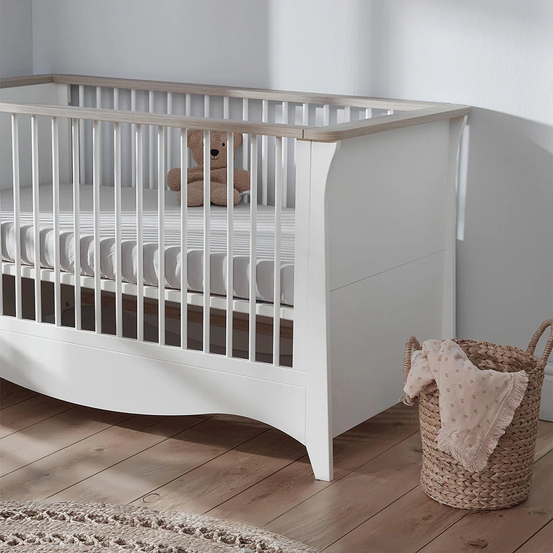 CuddleCo Clara 2 Piece Nursery Furniture Set (Cot Bed & Dresser) - White & Ash - Pramsy