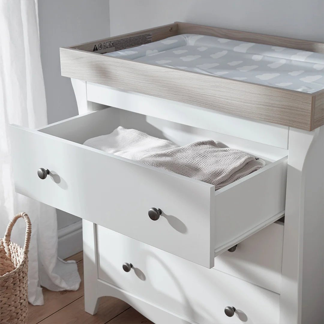 CuddleCo Clara 2 Piece Nursery Furniture Set (Cot Bed & Dresser) - White & Ash - Pramsy