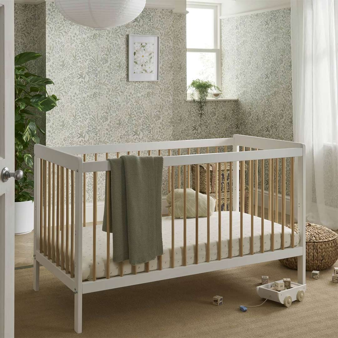 CuddleCo Nola 3 Piece Set (Changer, Clothes Rail & Cot Bed) - White/Natural - Pramsy