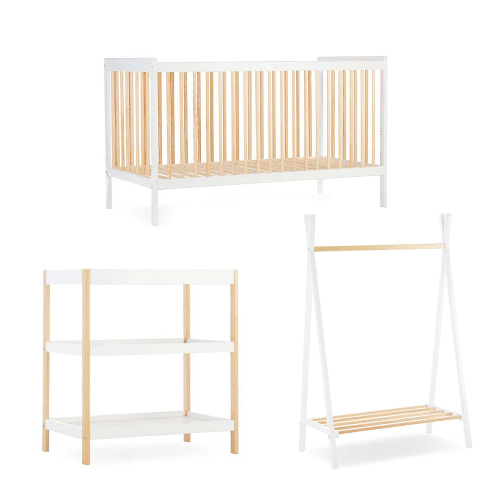 CuddleCo Nola 3 Piece Set (Changer, Clothes Rail & Cot Bed) - White/Natural - Pramsy