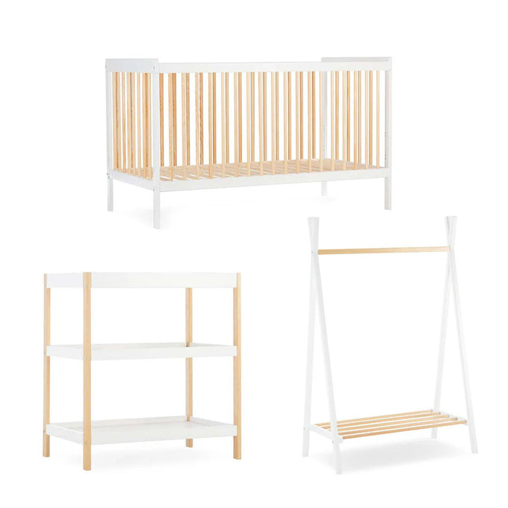 CuddleCo Nola 3 Piece Set (Changer, Clothes Rail & Cot Bed) - White/Natural - Pramsy