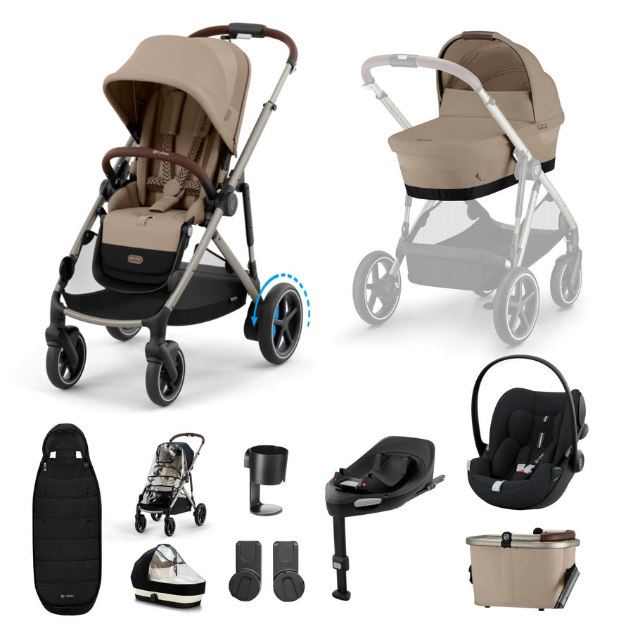 CYBEX e - Gazelle S + Cloud G i - Size Car Seat Premium Bundle - Almond Beige - Pramsy