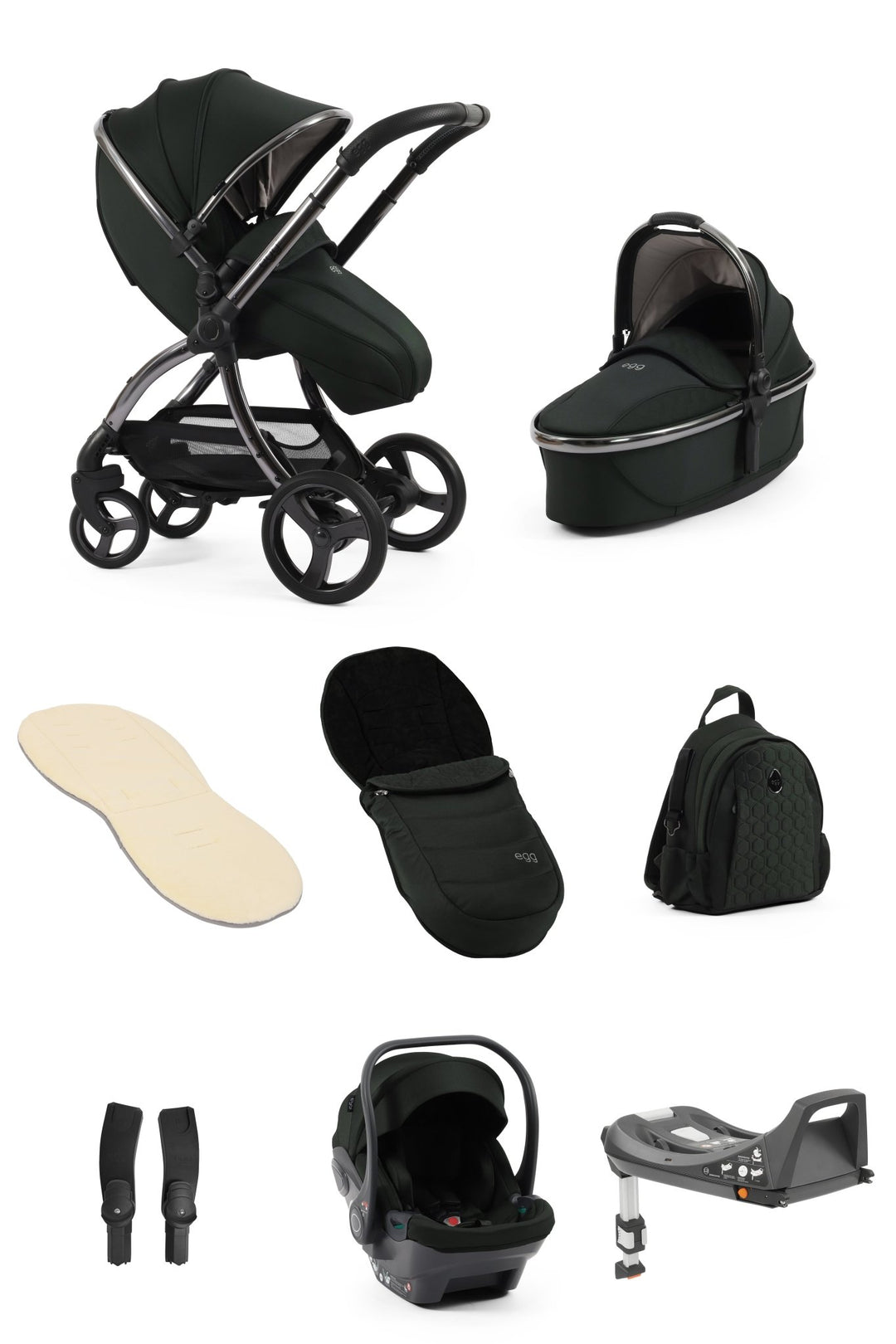 Egg3 Stroller & Carrycot with Egg Shell Car Seat and Base Luxury Bundle - Black Olive - Pramsy