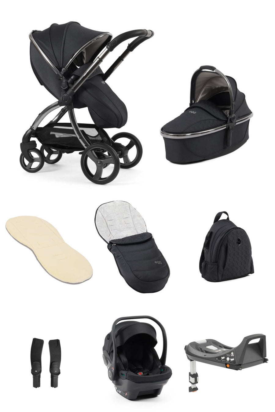 Egg3 Stroller & Carrycot with Egg Shell Car Seat and Base Luxury Bundle - Carbonite - Pramsy