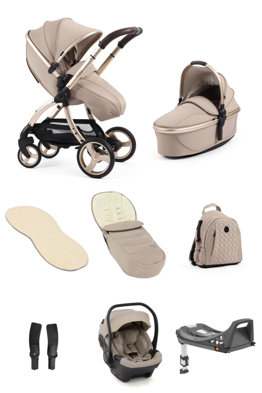 Egg3 Stroller & Carrycot with Egg Shell Car Seat and Base Luxury Bundle - Feather - Pramsy