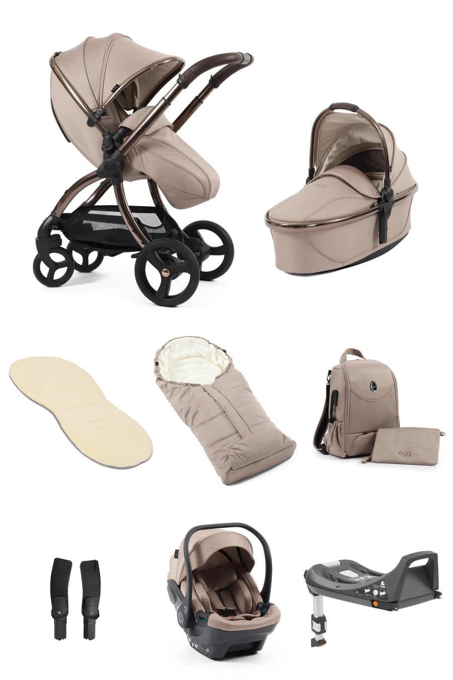 Egg3 Stroller & Carrycot with Egg Shell Car Seat and Base Luxury Bundle - Limited Edition Houndstooth Almond - Pramsy