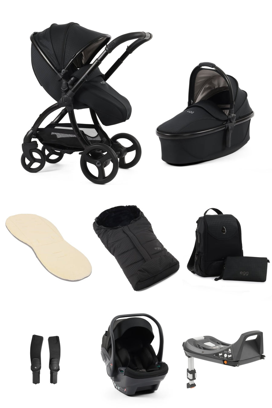 Egg3 Stroller & Carrycot with Egg Shell Car Seat and Base Luxury Bundle - Limited Edition Houndstooth Black - Pramsy