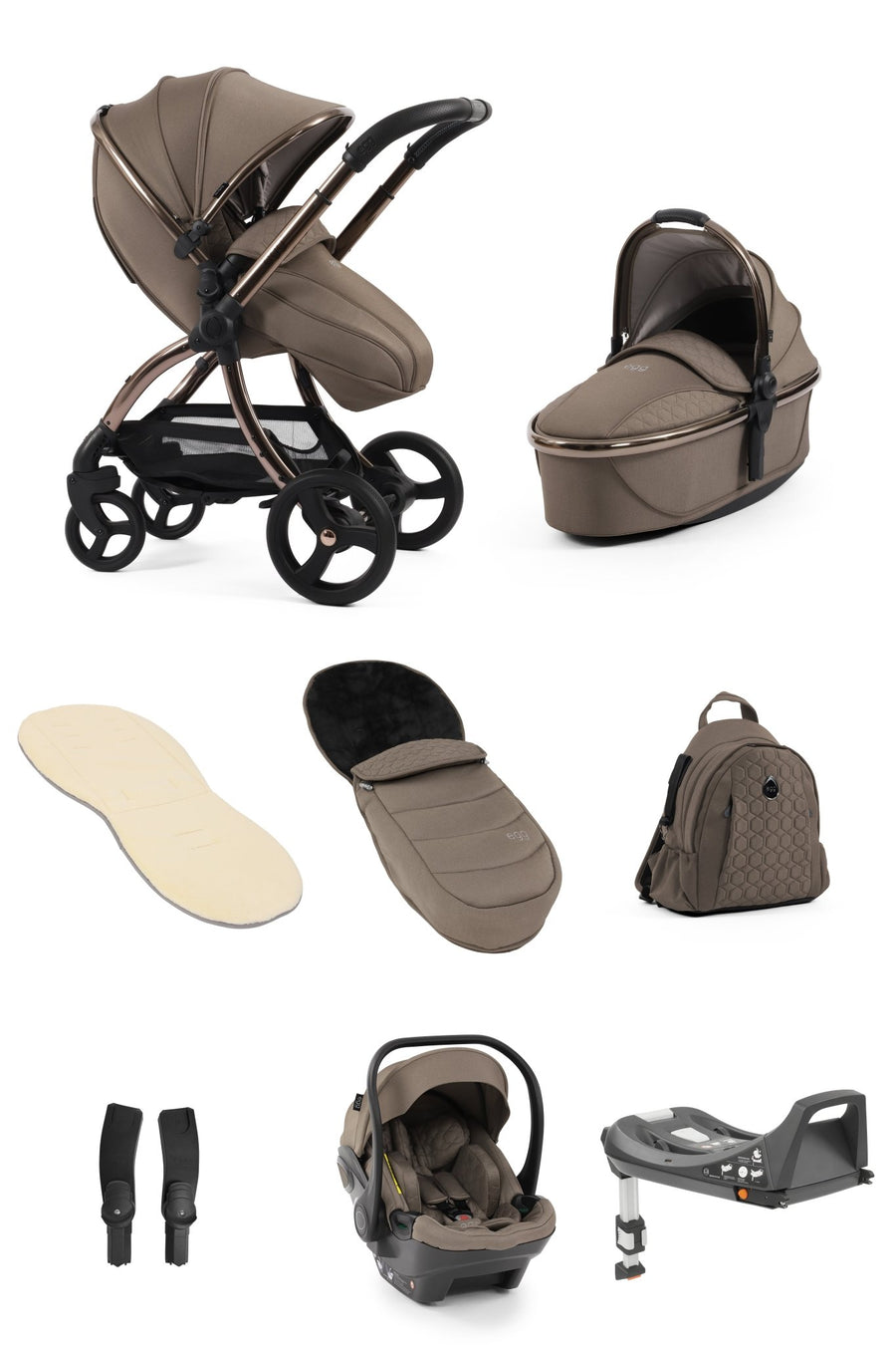 Egg3 Stroller & Carrycot with Egg Shell Car Seat and Base Luxury Bundle - Mink - Pramsy