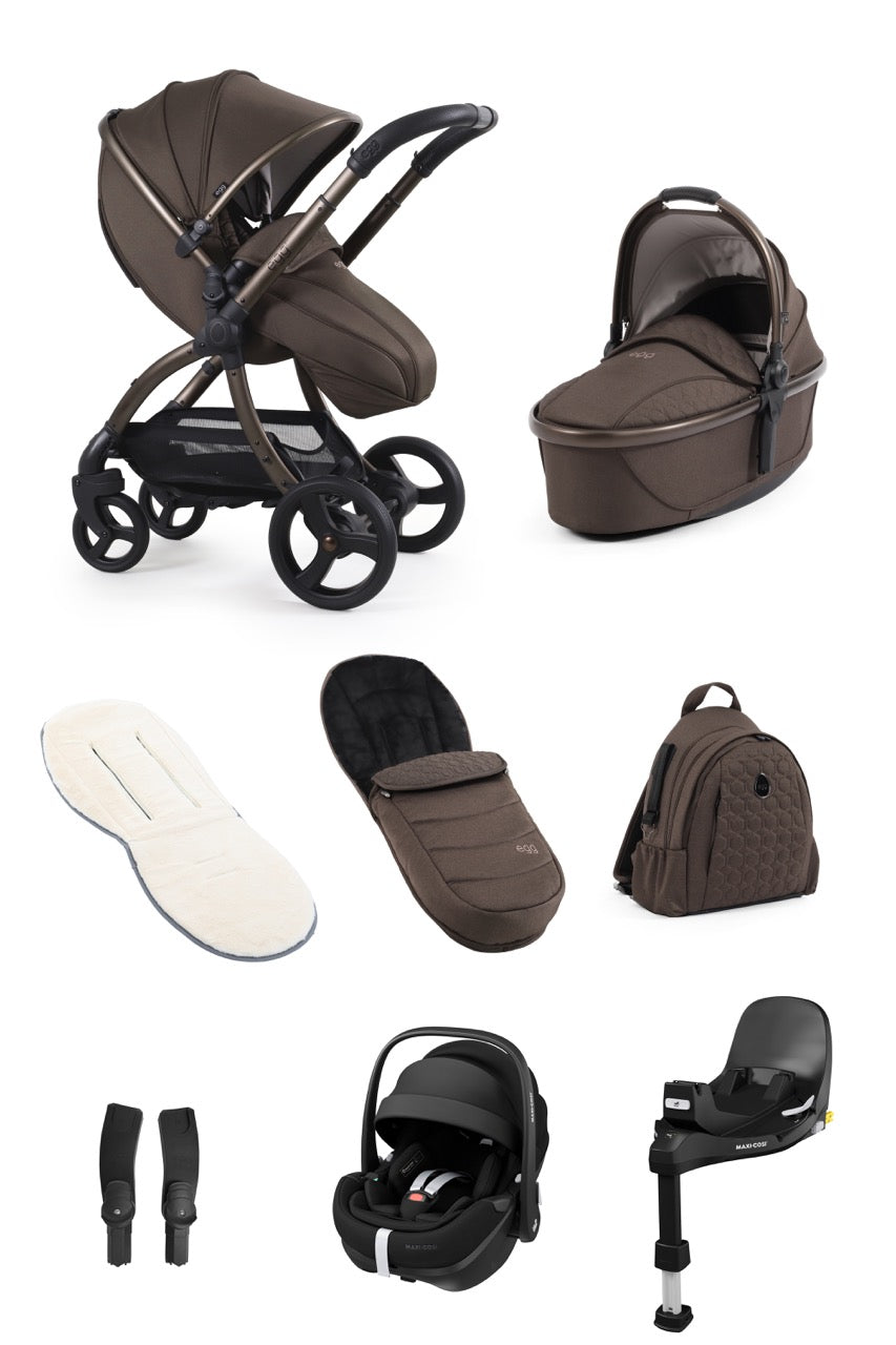 Egg3 with Maxi - Cosi Pebble 360 Pro2 Car Seat and Base Luxury Bundle - Chocolate Velvet - New 2025 - Pramsy